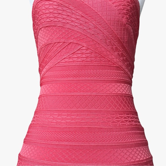 Herve Leger Akari Embossed Bandage Mini Dress Hibiscus Coral Pink Medium NWOT - Picture 5 of 17